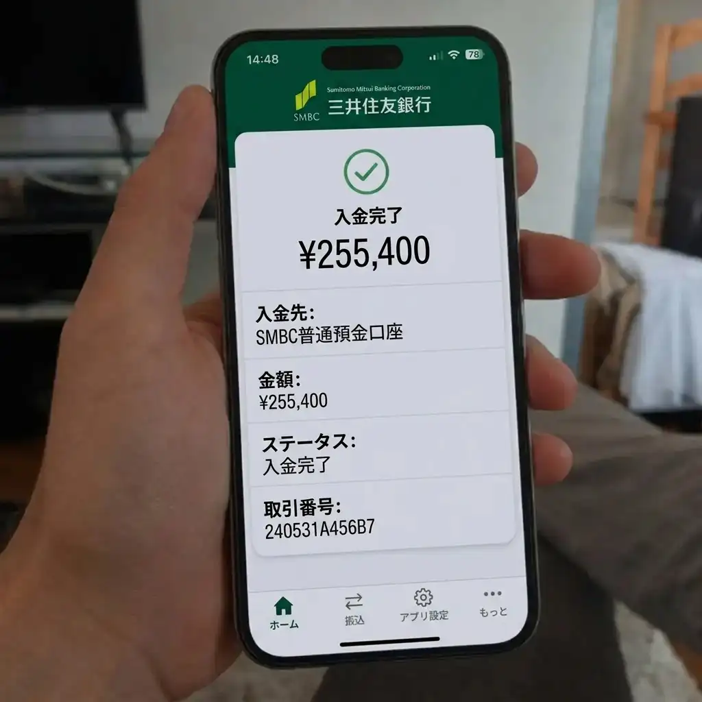 三井住友銀行の振込画面：TensakuAIからの255,400円の入金通知