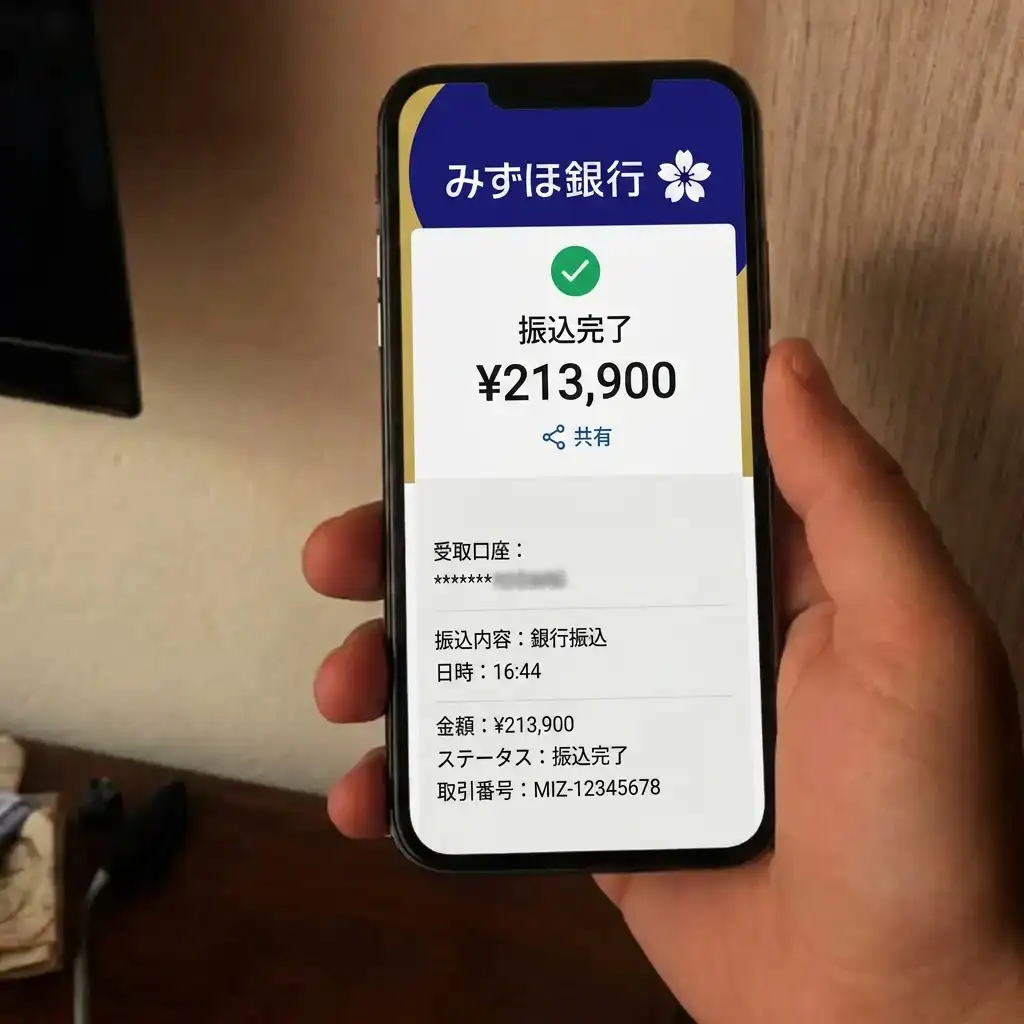 みずほ銀行の画面：TensakuAIからの213,900円の振込履歴
